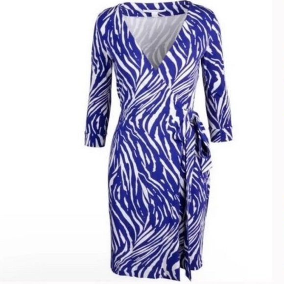 Diane von Furstenberg Julian Two Wrap Dress Blue White Zebra Tiger Print… - Picture 3 of 9